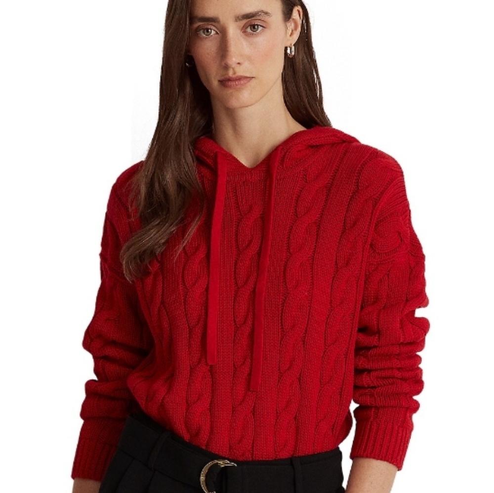 Lauren Ralph Lauren Lipstick Red Cable-Knit Cotton Hoodie